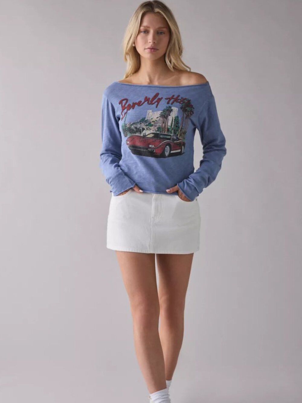 Beverly Hills Graphic Long Sleeve Off-The-Shoulder Tee - Picture 3 of 4